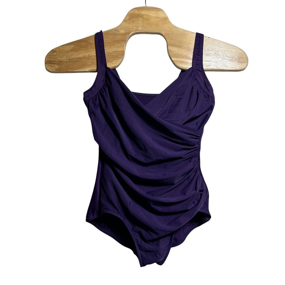 Miraclesuit Purple Ruched Surplice Wrap One Piece Swimsuit SEE MEASUREMENT 12 14